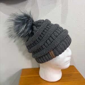 Furtalk Stocking Hat Cap W/Removable Faux Fur Pom Pom Gray Cable Winter